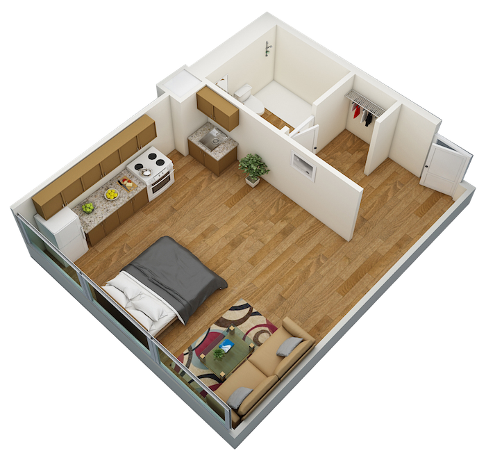 3D Floor plan for Florida Christian Efficiency HC apartment